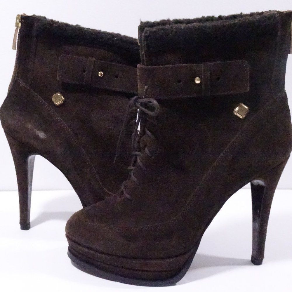 LIU JO Women's Brown Suede Shearling Fur Platform Lace Up High Ankle Boots Sz 37